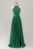 Vestido de dama de honor largo halter azul grisáceo con abertura