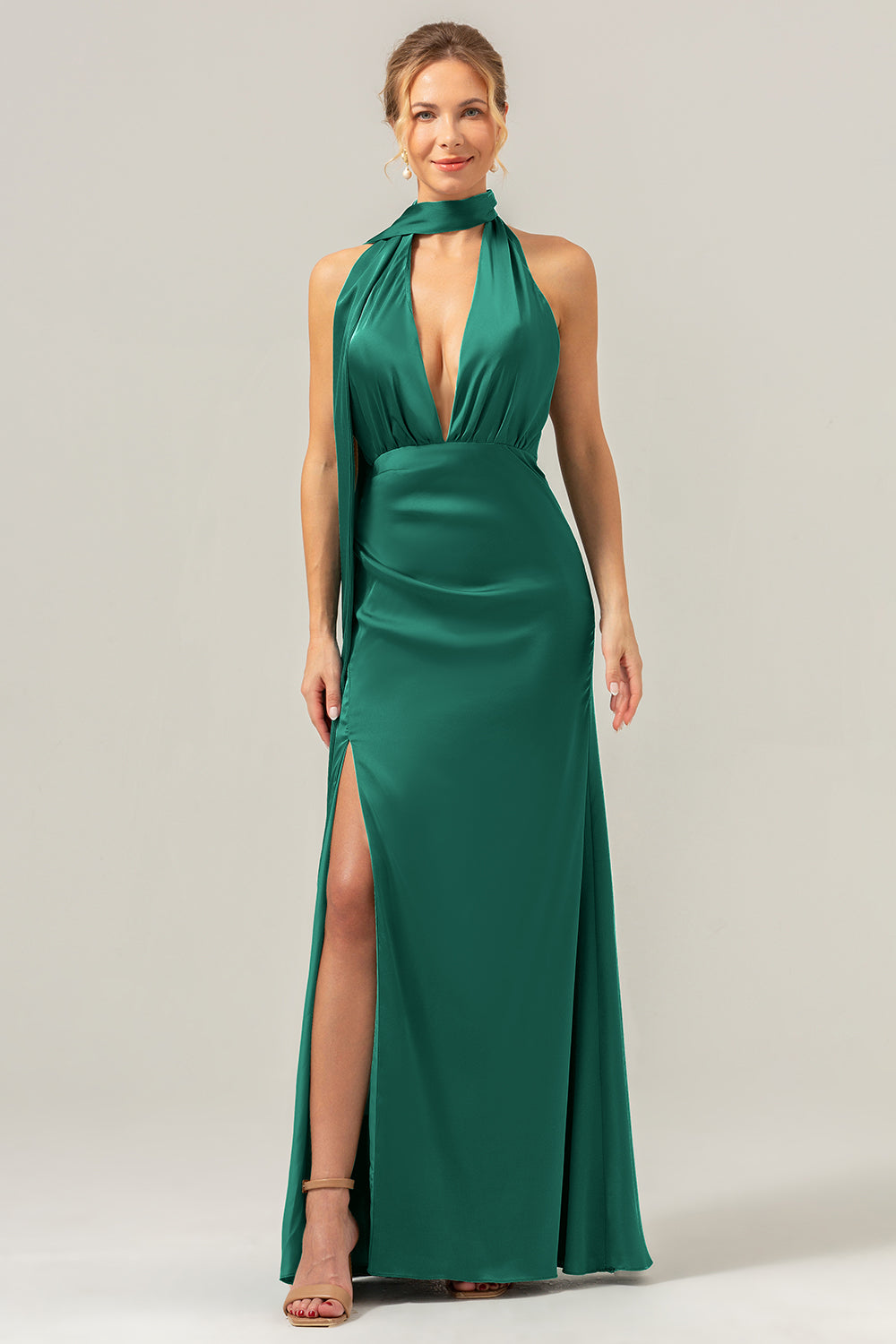 Vaina de pavo real Vestido de dama de honor largo sin espalda con espalda y abertura