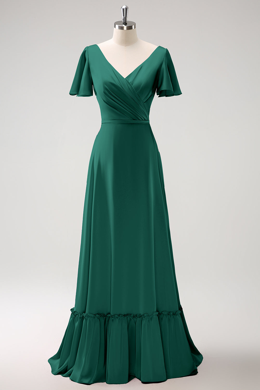 Vestido de dama de honor largo de satén cruzado con volantes cruzados de línea A rosa