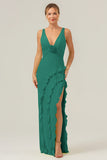 Vestido de dama de honor largo con escote en V profundo y cuello en V profundo con abertura de volantes