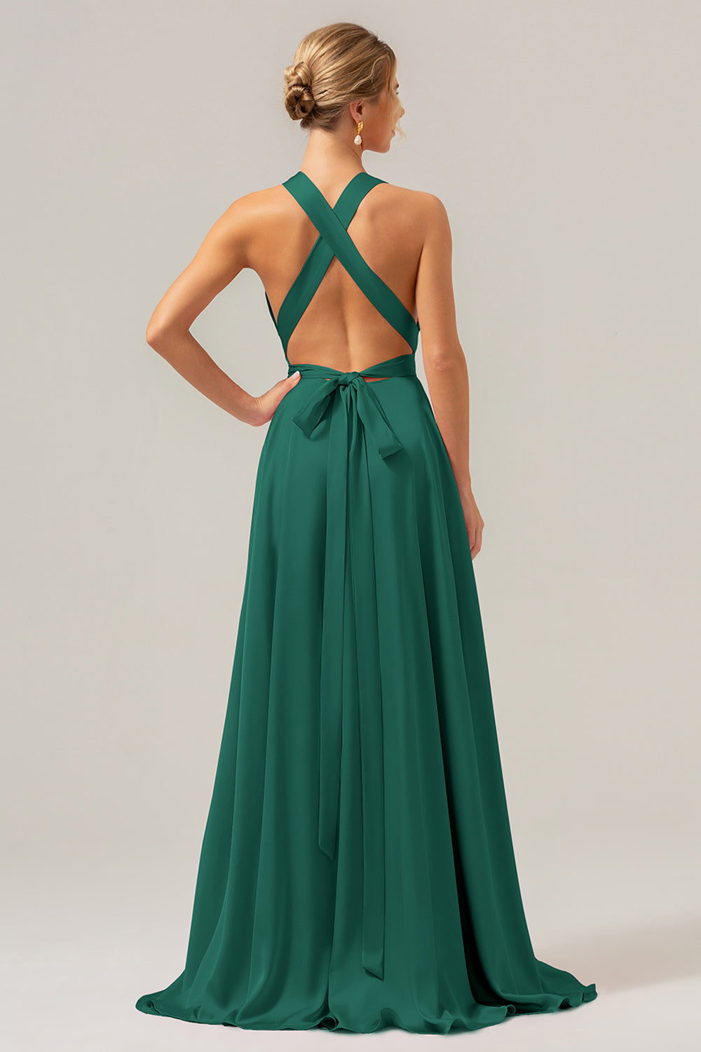Vestido de dama de honor largo de satén sin espalda con escote en V rosa A Line con abertura