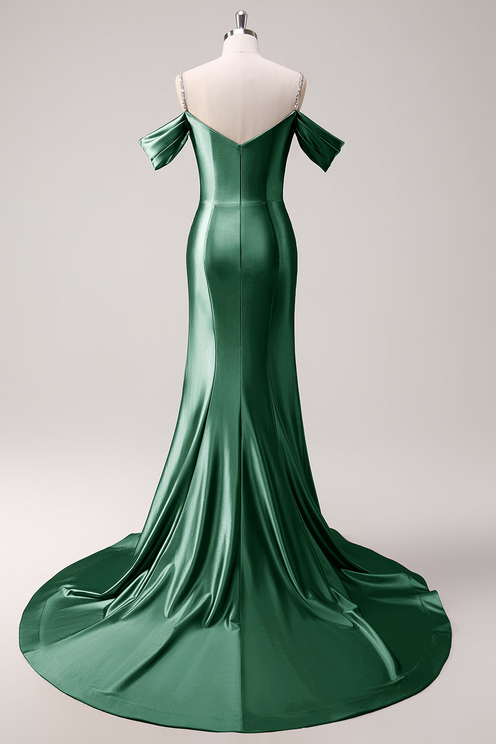Vestido de fiesta largo de satén fruncido con lentejuelas de sirena dorada brillante con hombros fríos