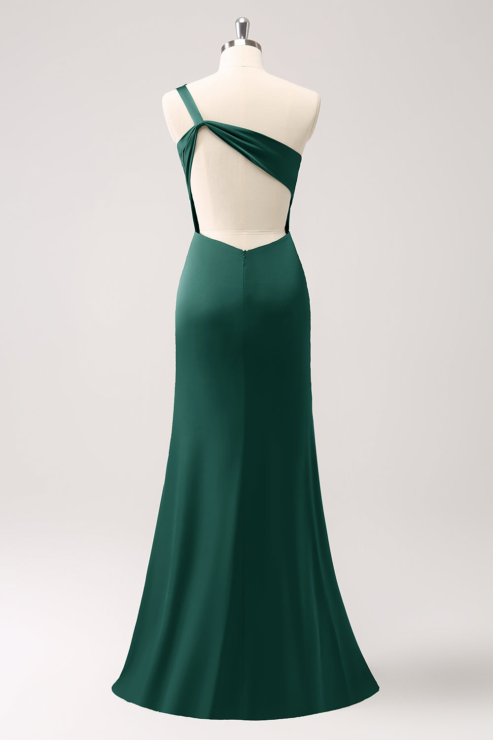 Vestido largo de dama de honor de satén de un hombro verde oliva