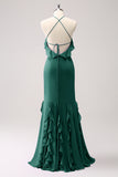 Vestido largo de dama de honor de gasa con volantes halter de sirena de Tahití