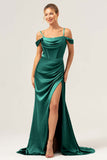 Vestido largo de dama de honor con corsé fruncido de hombro frío de sirena de café con abertura