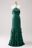 Vestido largo de dama de honor de gasa con volantes halter de sirena de Tahití