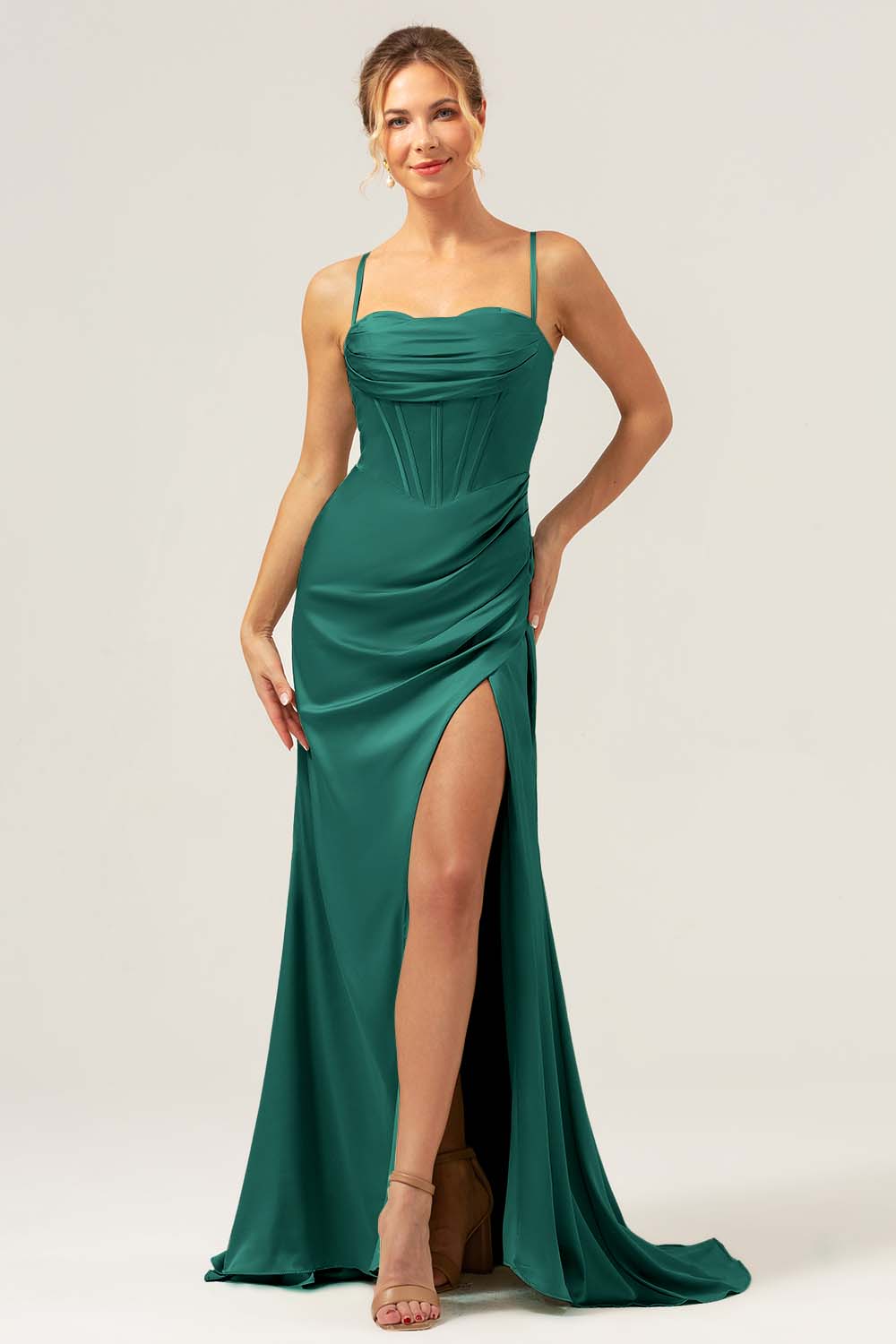 Sage Mermaid Spaghetti Tirantes Corsé Satén Vestido de Dama de Honor con Abertura