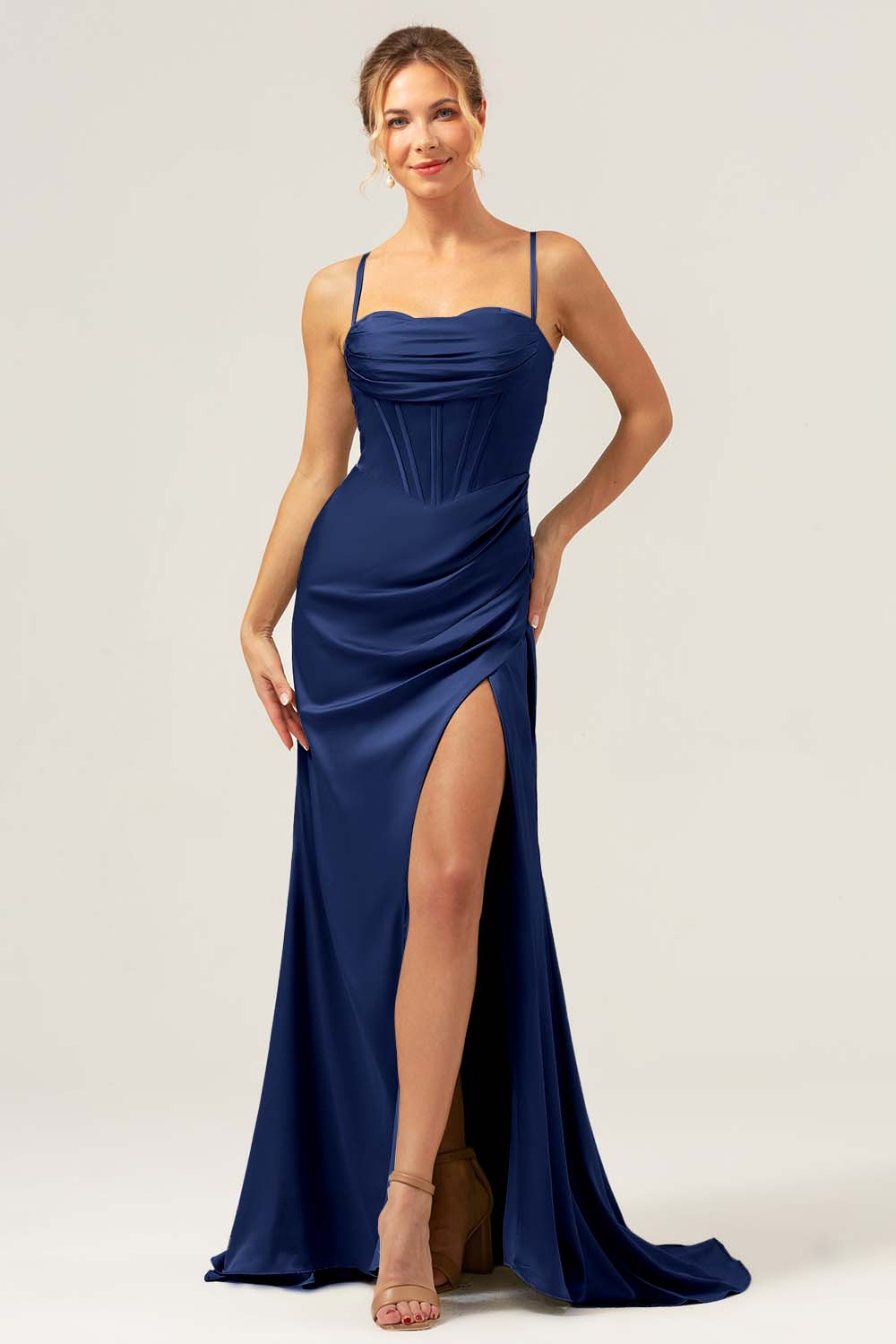Sage Mermaid Spaghetti Tirantes Corsé Satén Vestido de Dama de Honor con Abertura