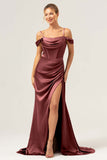 Vestido largo de dama de honor con corsé fruncido de hombro frío de sirena de café con abertura