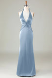 Mermaid Halter Vestido de dama de honor Azul Polvoriento
