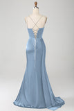 Vestido de fiesta largo largo de corsé largo con correas de espagueti de sirena azul marino con abertura