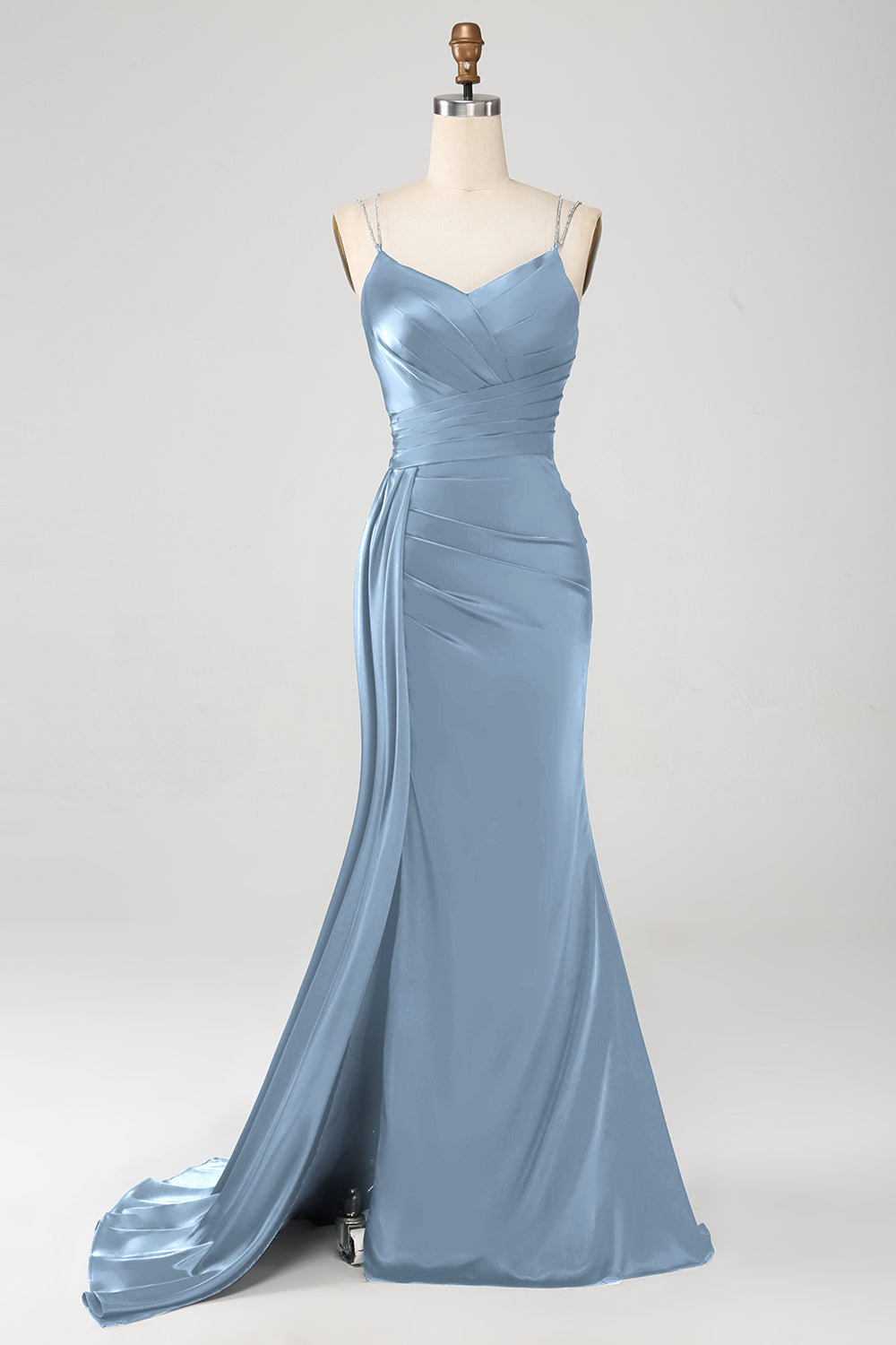 Vestido de fiesta largo largo de corsé largo con correas de espagueti de sirena azul marino con abertura