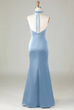 Mermaid Halter Vestido de dama de honor Azul Polvoriento