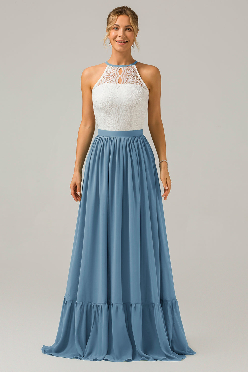 Vestido de dama de honor largo de gasa boho ojo de cerradura de azul polvoriento con encaje