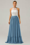 Vestido de dama de honor largo de gasa boho ojo de cerradura de azul polvoriento con encaje