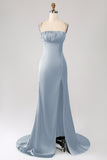 Vestido de fiesta de satén con tirantes de espagueti de sirena verde oscuro con plisado