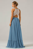 Vestido de dama de honor largo de gasa boho ojo de cerradura de azul polvoriento con encaje