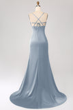 Vestido de fiesta de satén con tirantes de espagueti de sirena verde oscuro con plisado