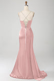 Vestido de fiesta largo largo de corsé largo con correas de espagueti de sirena rosa polvorienta con abertura
