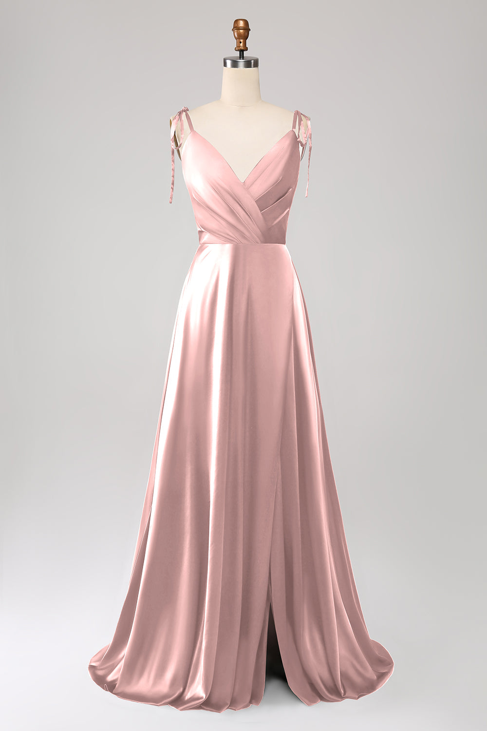 Vestido de fiesta fruncido con tirantes finos rosa polvorienta simple con abertura