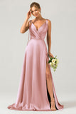 Vestido largo de dama de honor fruncido con tirantes finos de línea A rosa polvorienta con abertura