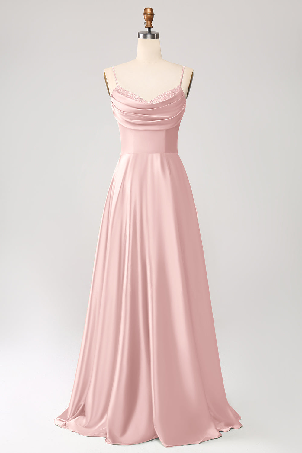 Azul polvoriento Una línea Cuello Capucha Satén Vestido Largo De Fiesta Con Plisado