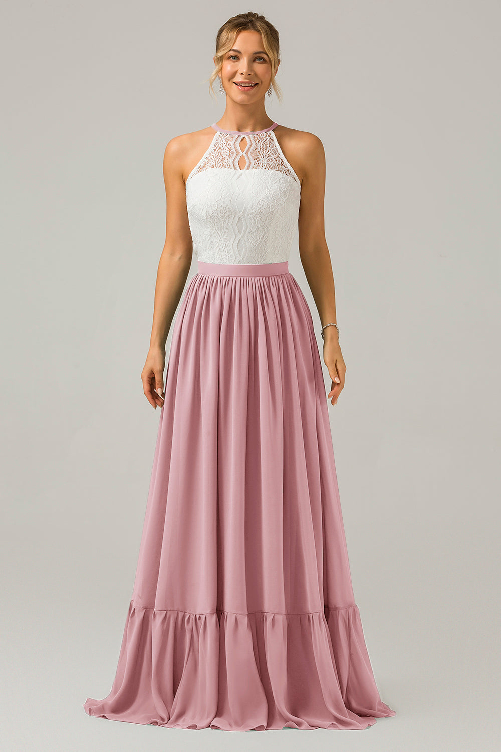 Vestido de dama de honor largo de gasa boho ojo de cerradura de azul polvoriento con encaje