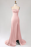 Vestido de fiesta de satén con tirantes de espagueti de sirena rosa polvorienta con plisado
