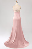 Vestido de fiesta de satén con tirantes de espagueti de sirena rosa polvorienta con plisado