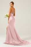 Correas de espagueti de sirena rosa polvorienta Vestido largo de dama de honor de satén con plisado
