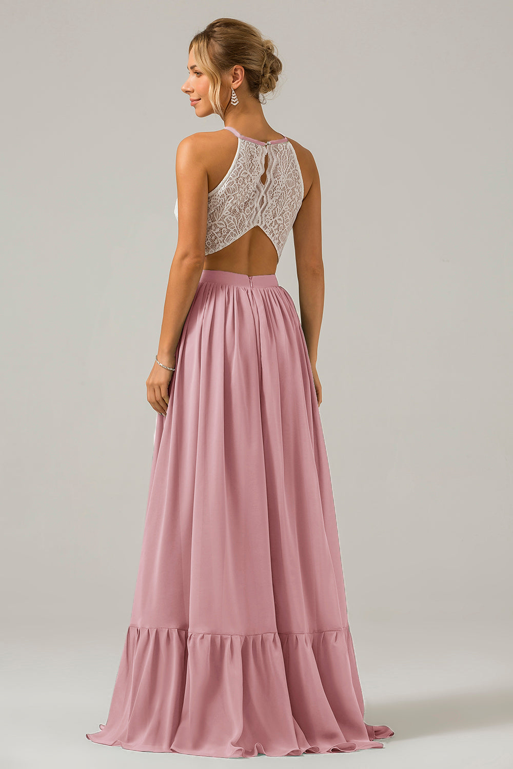 Vestido de dama de honor largo de gasa boho ojo de cerradura de azul polvoriento con encaje