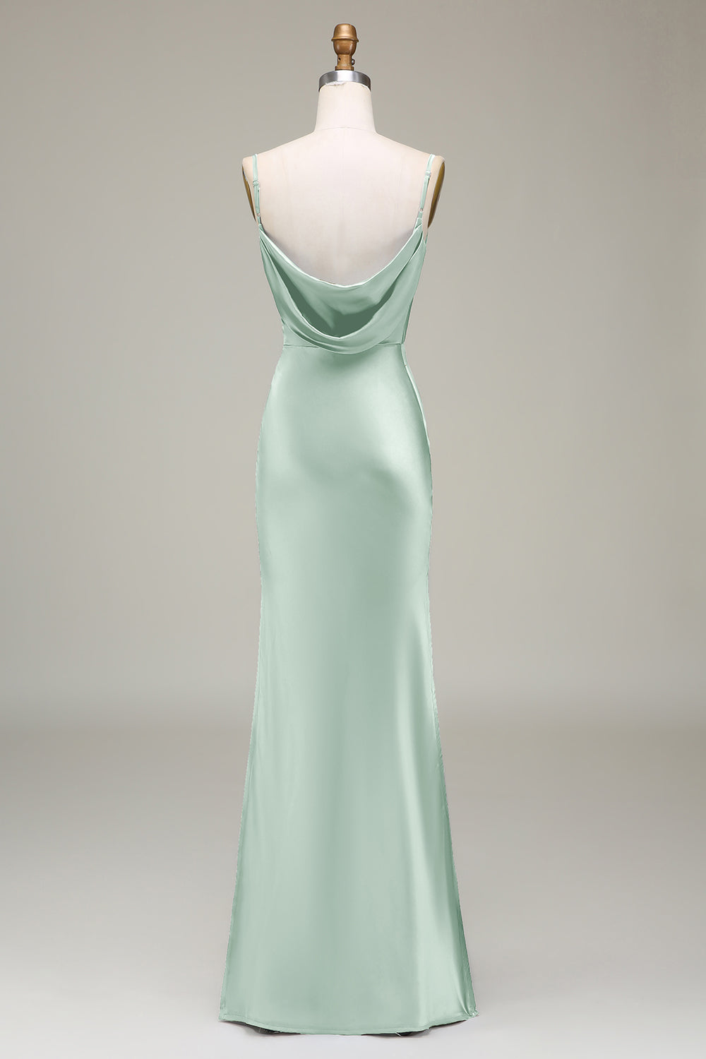 Vestido de dama de honor largo de satén con correas de espagueti de vaina Salvia Polvorienta