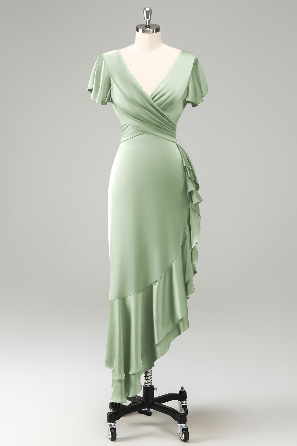 Vestido de invitada de boda de satén con cuello en V verde oscuro con volantes