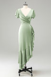 Vestido de invitada de boda de satén con cuello en V verde oscuro con volantes