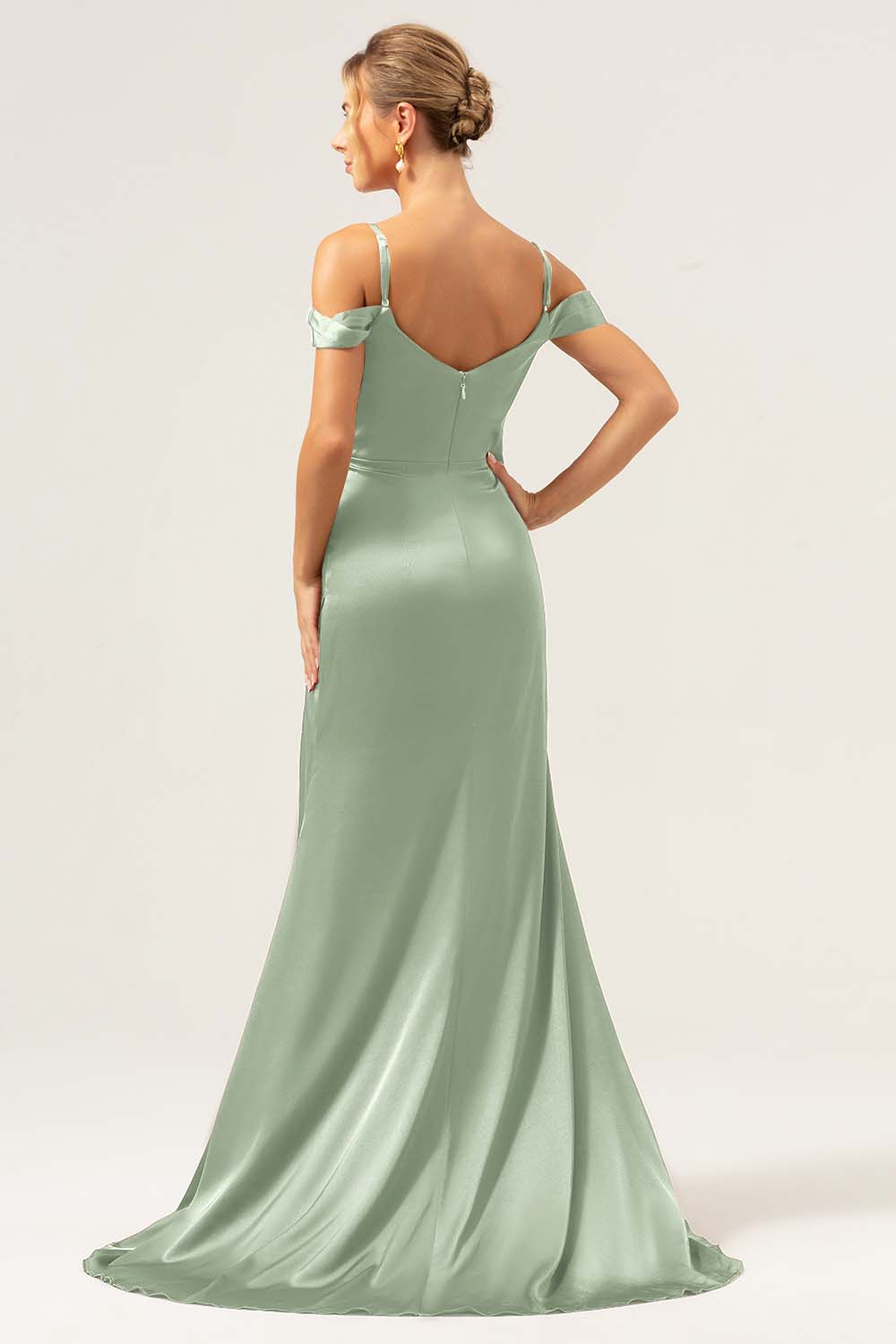 Vestido largo de dama de honor con corsé fruncido de hombro frío de sirena de Óxido con abertura