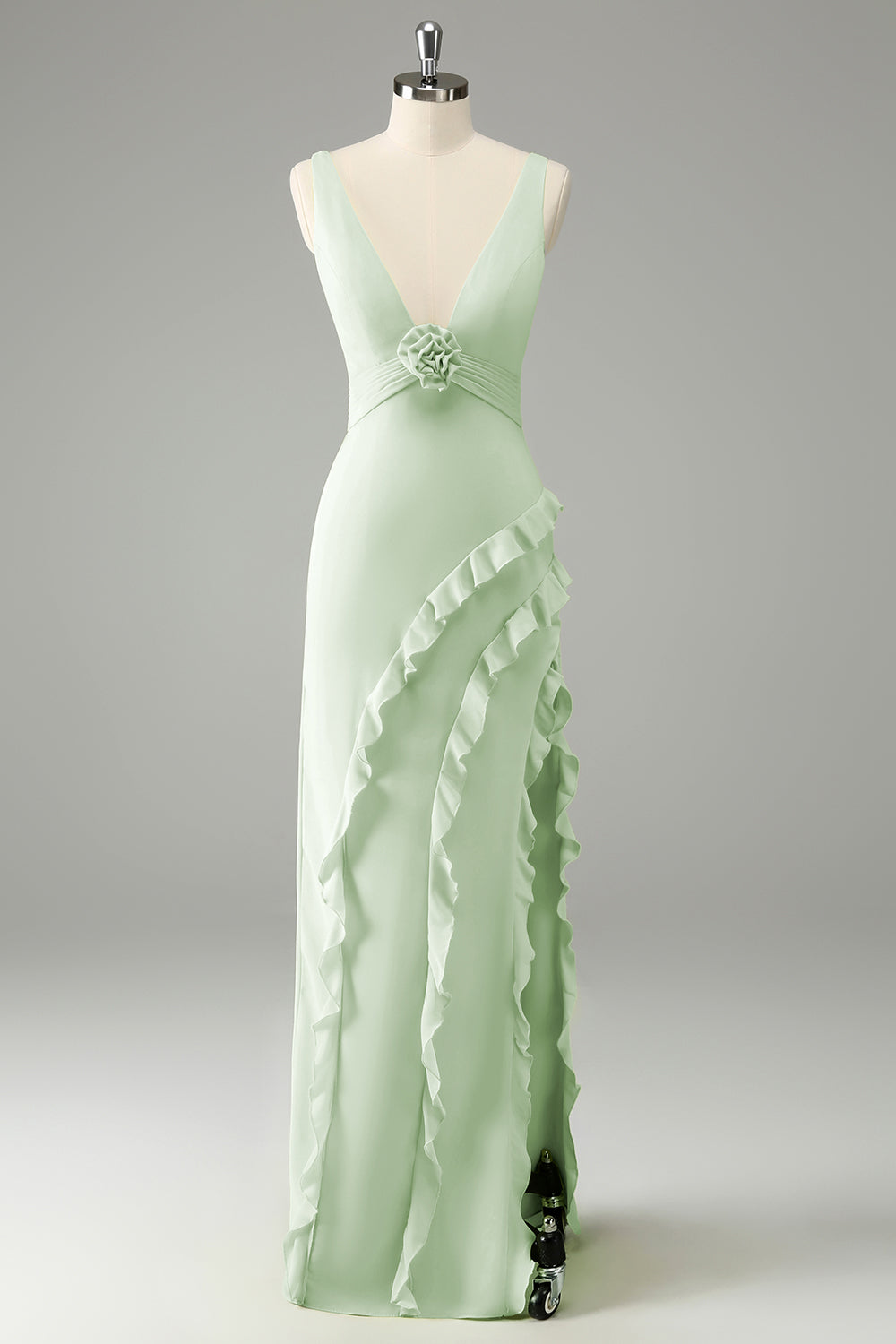 Vestido de invitada de boda con volantes de cuello en V profundo de narciso con abertura