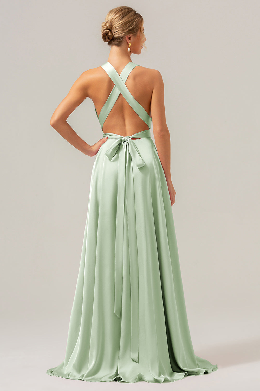 Vestido de dama de honor largo de satén sin espalda con escote en V Salvia Polvorienta A Line con abertura