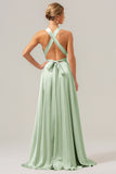 Vestido de dama de honor largo de satén sin espalda con escote en V Salvia Polvorienta A Line con abertura