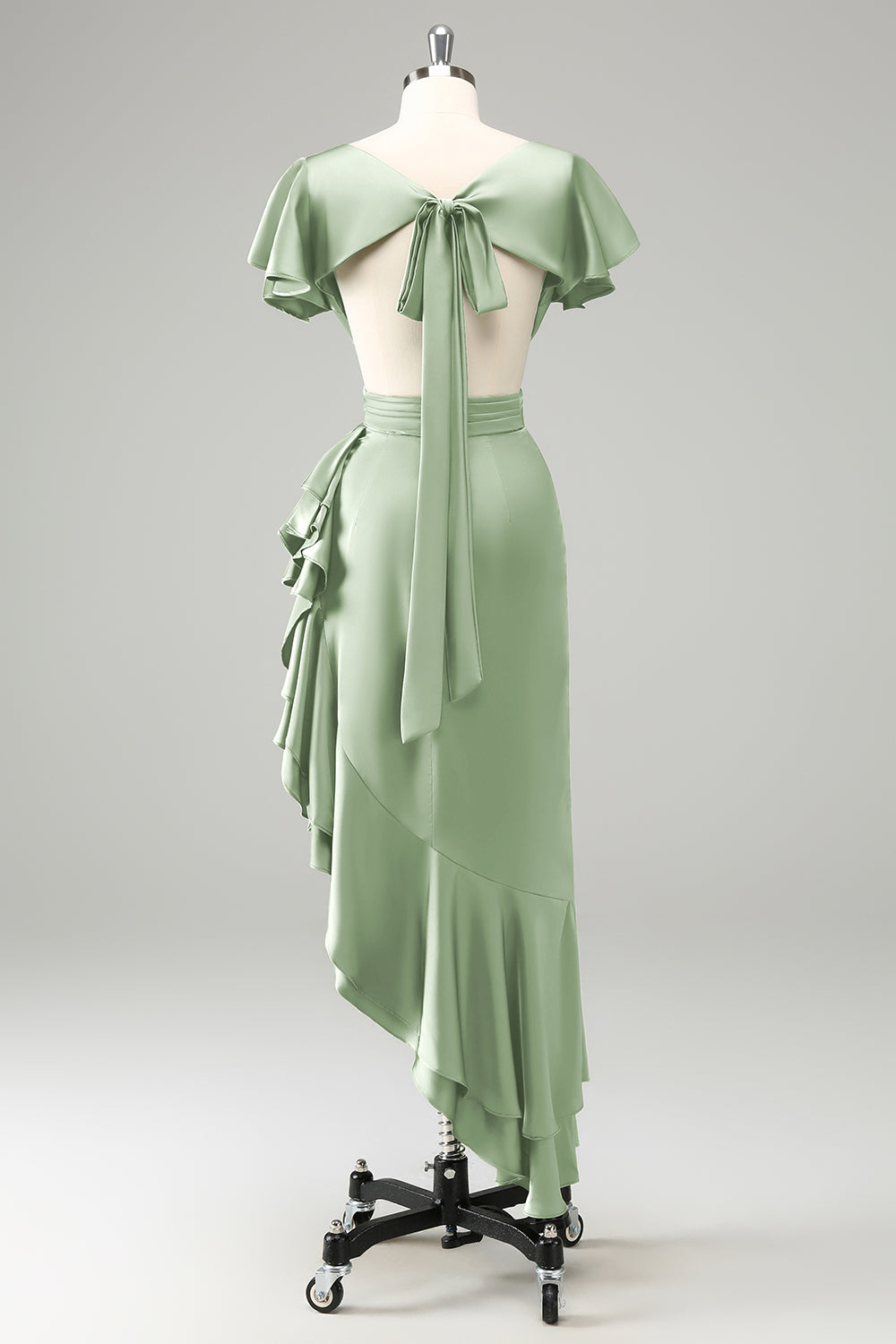 Vestido de invitada de boda de satén con cuello en V verde oscuro con volantes