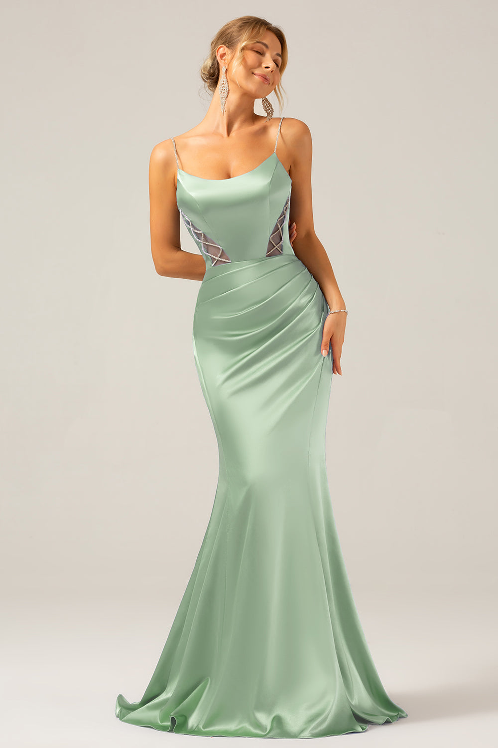 Vestido largo plisado de tirantes de satén azul polvoriento sirena