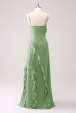 Eucalipto Volantes Tirantes de Espagueti Vestido largo de dama de honor de gasa con abertura