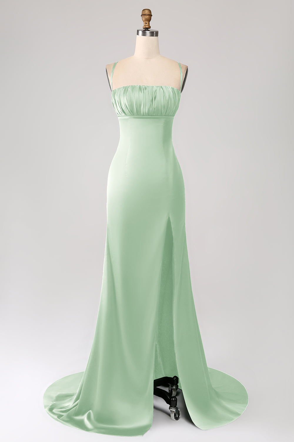 Vestido de fiesta de satén con tirantes de espagueti de sirena rosa polvorienta con plisado