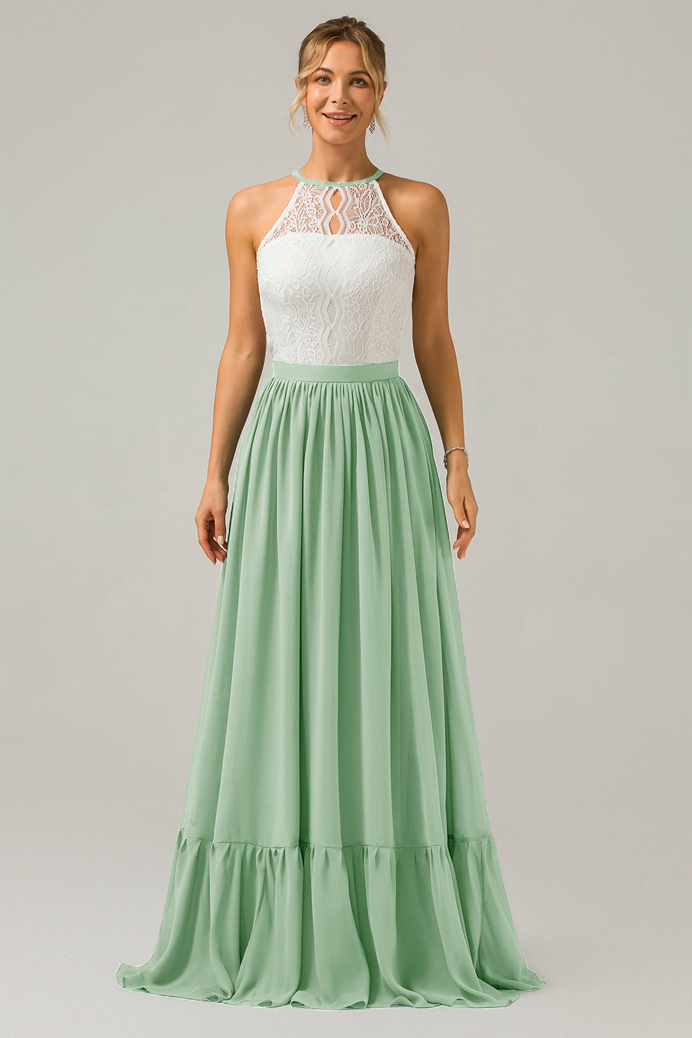 Vestido de dama de honor largo de gasa boho ojo de cerradura de azul polvoriento con encaje