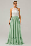 Vestido de dama de honor largo de gasa boho ojo de cerradura de azul polvoriento con encaje