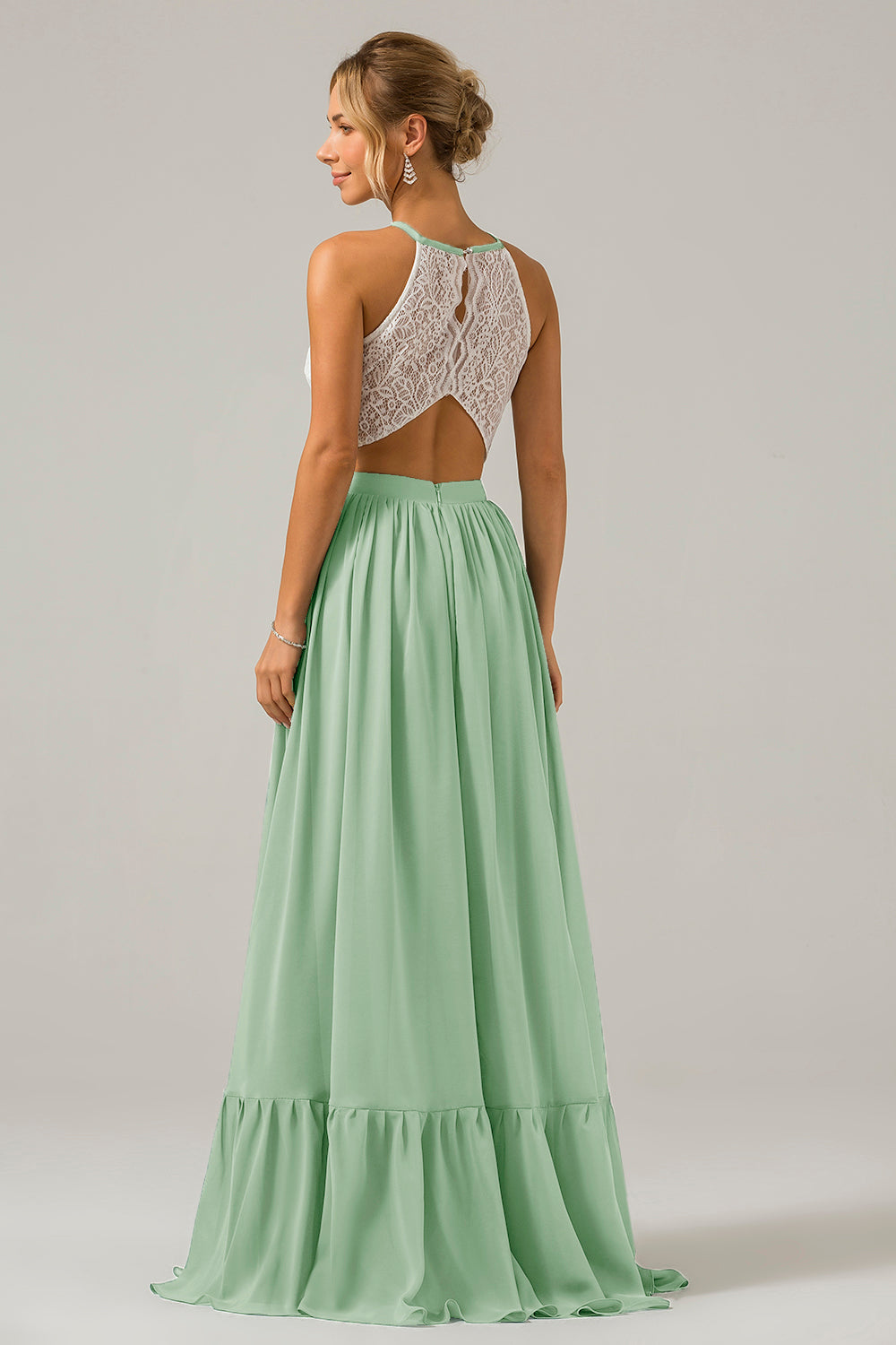 Vestido de dama de honor largo de gasa boho ojo de cerradura de azul polvoriento con encaje