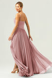 Vestido de dama de honor de eucalipto de gasa plisada con abertura de tirantes de espagueti de línea A