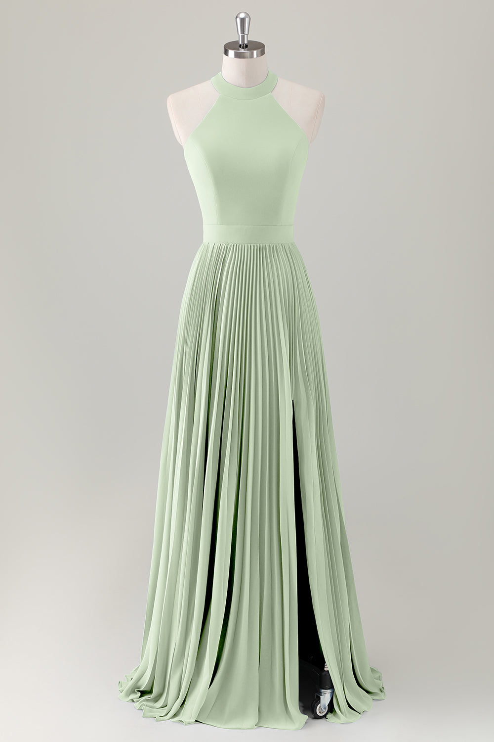 Vestido de dama de honor largo halter azul grisáceo con abertura