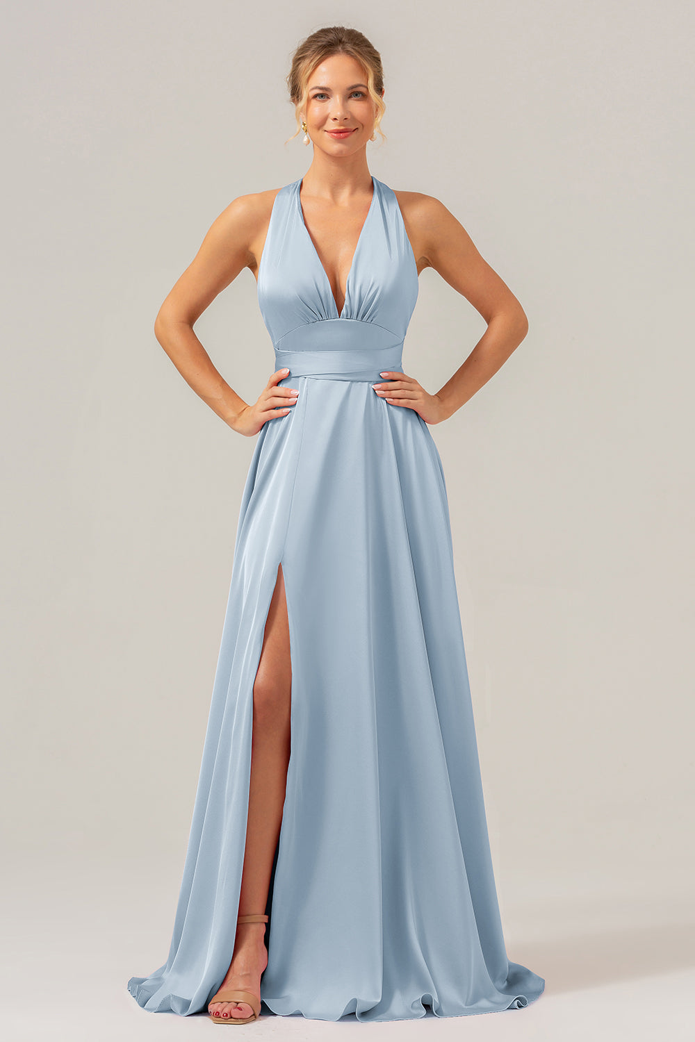 Vestido de dama de honor largo de satén sin espalda con escote en V rosa A Line con abertura