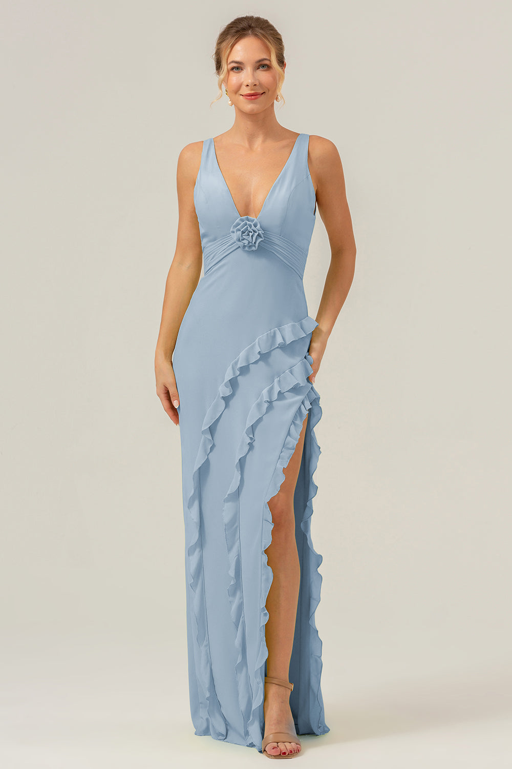 Vestido de dama de honor largo con escote en V profundo y cuello en V profundo con abertura de volantes