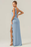 Vestido de dama de honor largo con escote en V profundo y cuello en V profundo con abertura de volantes